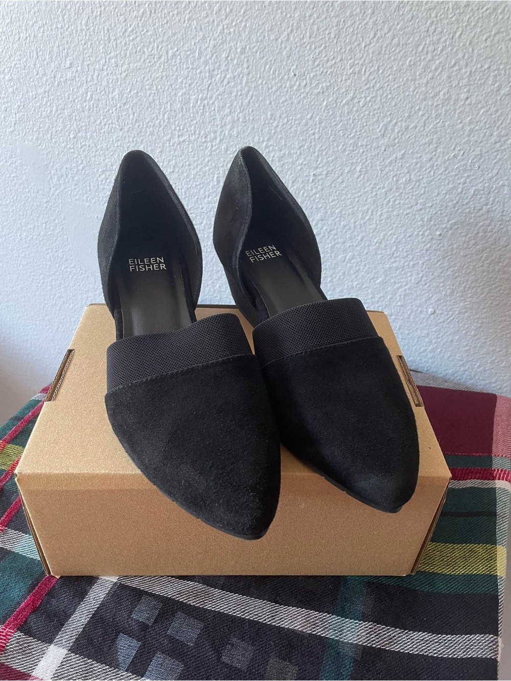 Eileen Fisher Black Suede D’Orsay Pumps Size 6 Pointed Toe Block Heel